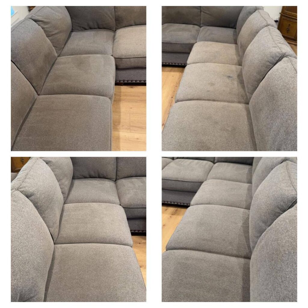Professional cleaner performing deep upholstery cleaning on sofa
